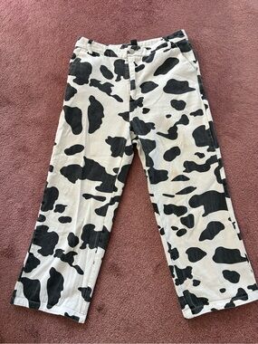 SHEIN Black & White Cow-Spot Straight Leg Pants ankle lengths